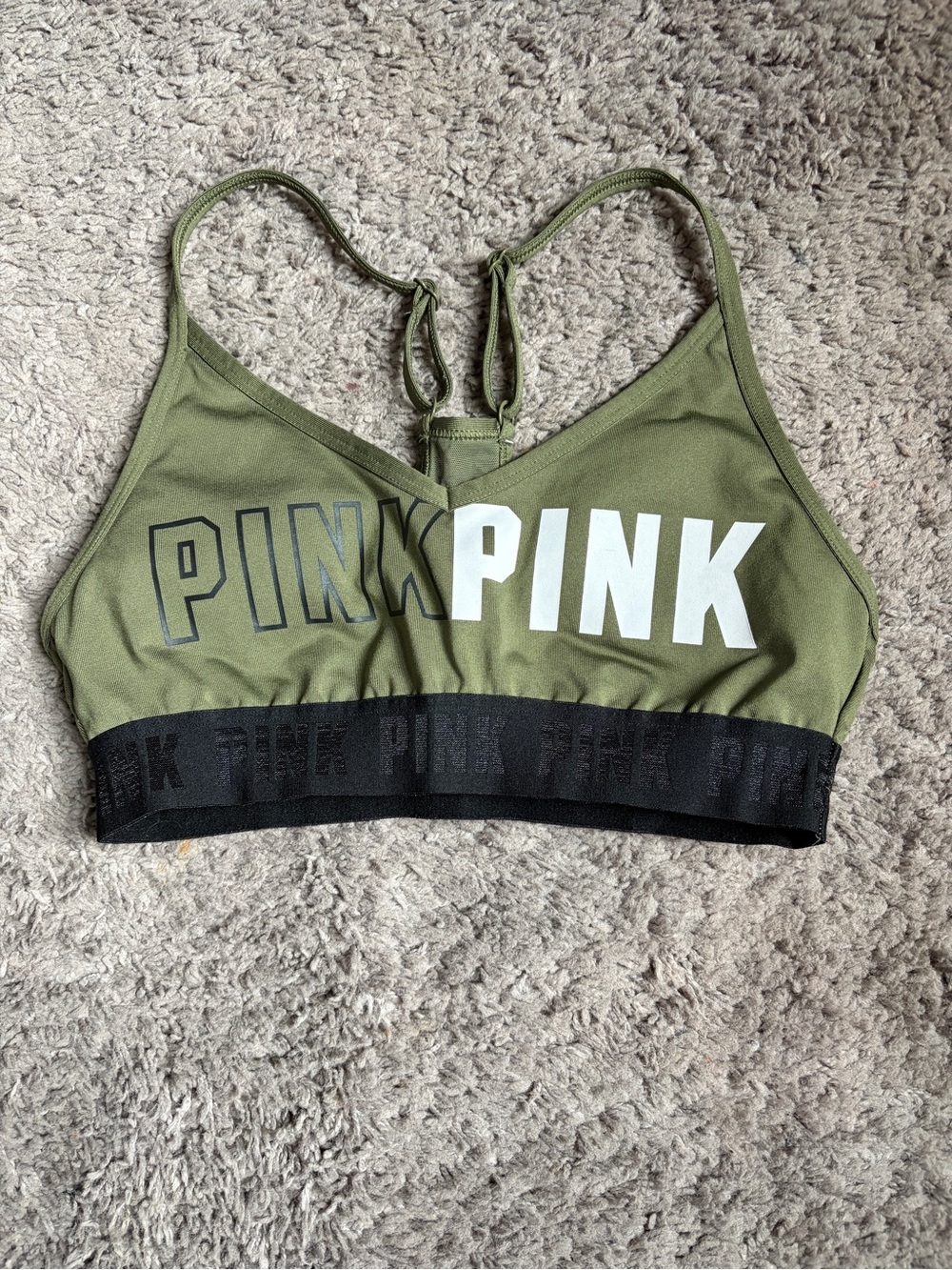 PINK Victoria's Secret Olive Green Logo Sports Bralette with Black Band